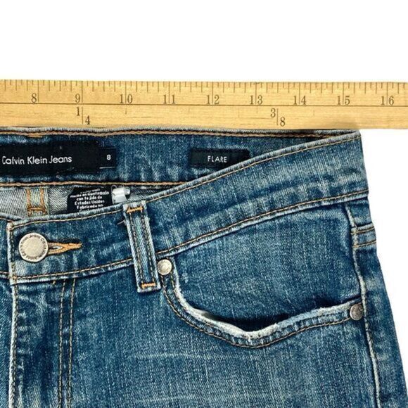 Calvin Klein Bootcut Jeans Womens 8 Blue Med Washed Distressed Flare Leg Denim - Picture 10 of 15